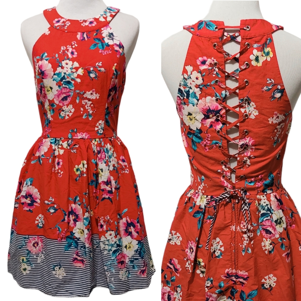 AUW Red Floral A-Line Retro Inspired Short Skater Dress with Open Lace-up Back